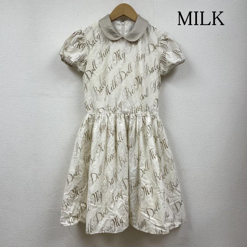 ミルク MILK ワンピース ミニスカート Be my Baby ワンピース 半袖 フレアスカート ミニ丈 ロゴ プリント 総柄 丸襟 01142111 ロゴ、文字 X プリント X 総柄 白 / ホワイト / white X 金 / ゴールド / gold color レディース USED 古着 中古 50119117
