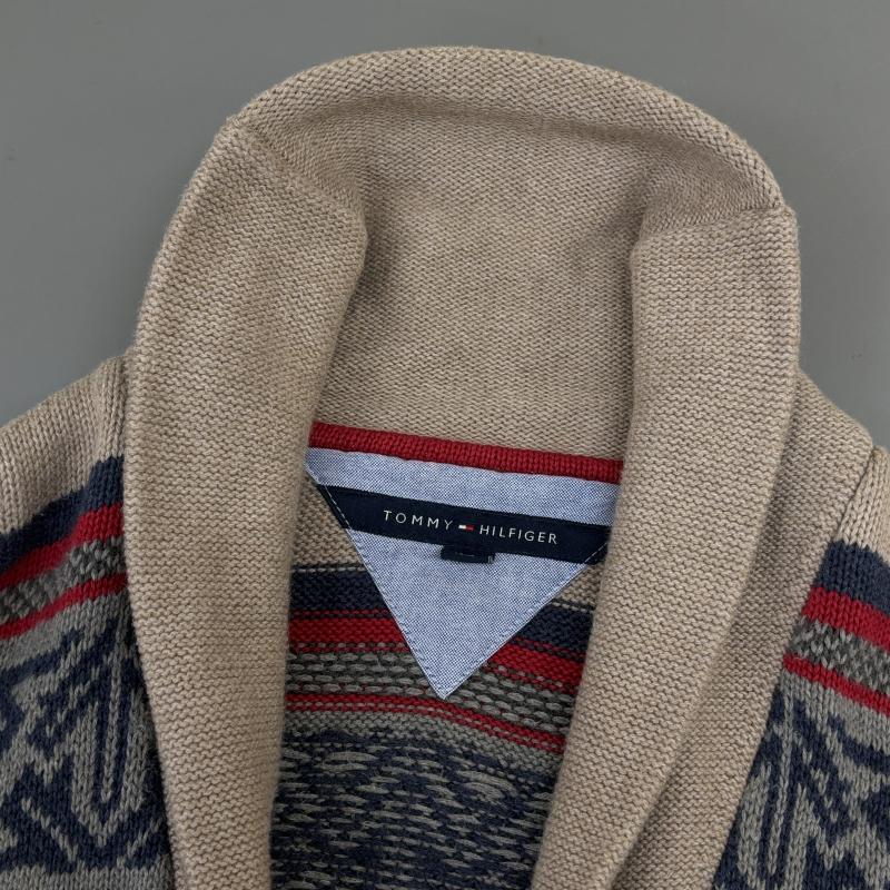 トミーヒルフィガー TOMMY HILFIGER カーディガン 長袖 くるみボタン ショールカラー ケーブル コットン ニット L メンズ USED 古着 中古 50119453