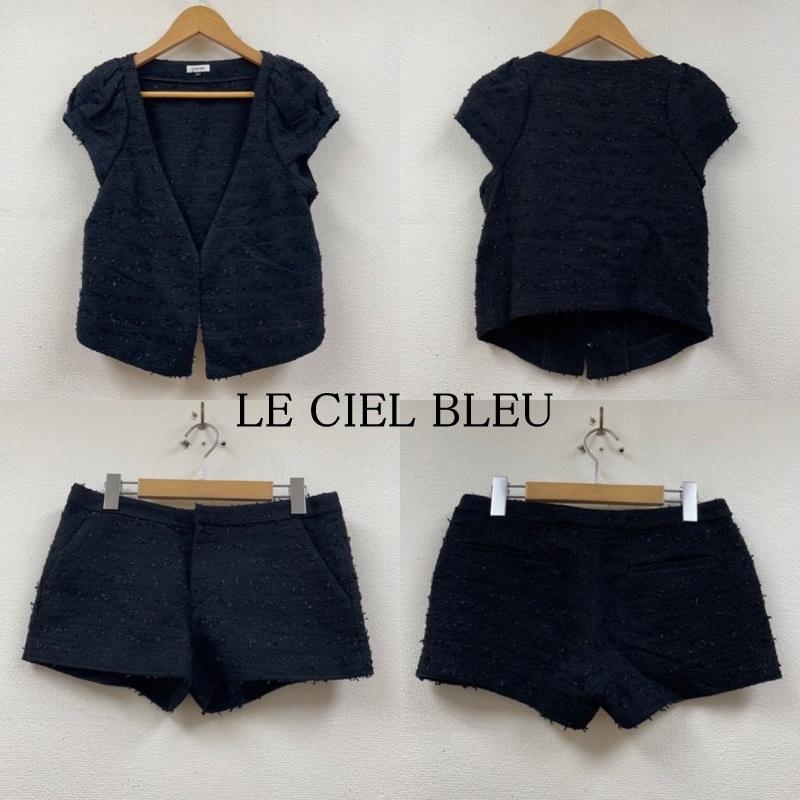 ルシェルブルー LE CIEL BLEU セットアップ セットアップ フォーマル ツイード ニット ジャケット 前開き鍵ホック カジュアルセットアップ ショートパンツ ミニ丈 13S64019 ボトムサイズ40 38 ボーダー柄 黒 / ブラック / black レディース USED 古着 中古 50120672