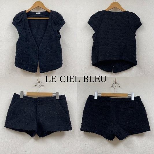 ルシェルブルー LE CIEL BLEU セットアップ セットアップ フォーマル ツイード ニット ジャケット 前開き鍵ホック カジュアルセットアップ ショートパンツ ミニ丈 13S64019 ボトムサイズ40 38 ボーダー柄 黒 / ブラック / black レディース USED 古着 中古 50120672