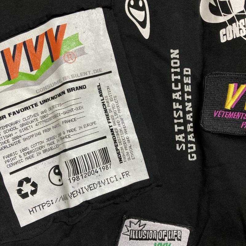 古着 USED Tシャツ 半袖 VVV veni vedi vici / ヴェニヴェディヴィチ コットン ワッペン プリント 半袖 クルーネックTシャツ M M ロゴ、文字 X プリント X  黒 / ブラック / black メンズ USED 古着 中古 50124315