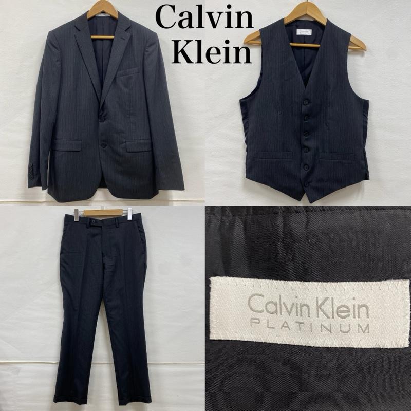 カルバン・クライン プラティナム Calvin Klein PLATINUM スーツ スーツ 2B テーラードジャケット ブレザー スラックス ベスト 3ピース オンワード樫山 - ストライプ 黒 / ブラック / black X 灰 / グレー / gray メンズ USED 古着 中古 50124630