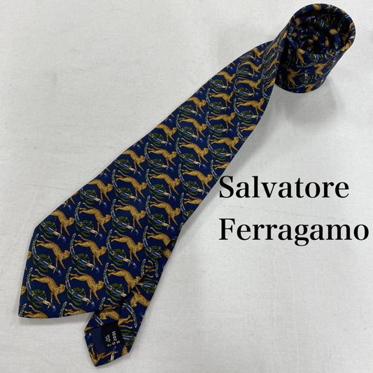 サルヴァトーレフェラガモ Salvatore Ferragamo ネクタイ ネクタイ シルク イタリア製 ヒョウ レオパード 総柄 - 総柄 X ヒョウ柄・レオパード柄 X アニマル柄 紺 / ネイビー / navy メンズ USED 古着 中古 50127065