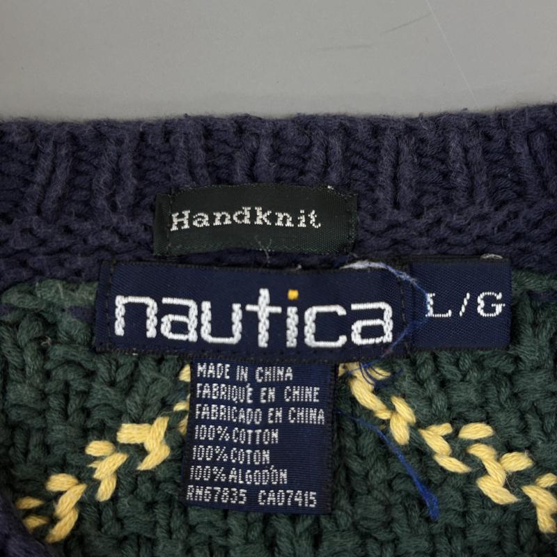ノーティカ NAUTICA ニット、セーター 長袖 オールド アーガイル柄 コットン ケーブル ニット クルーネック 長袖 フィッシャーマンズ セーター L メンズ USED 古着 中古 50127980