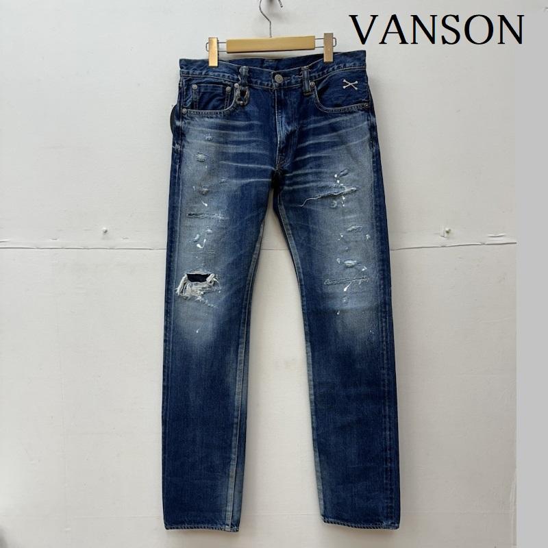 ヴァンソン VANSON パンツ デニム、ジーンズ クロスボーン 刺繍 セルビッチ ダメージ ペイント デニム パンツ レザー NVBL-802 34 インディゴ / インディゴ / Indigo メンズ USED 古着 中古 50127989