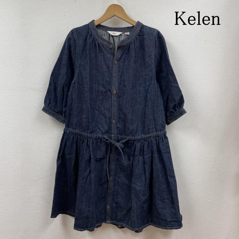 ケレン Kelen ワンピース ひざ丈スカート インディゴ デニム 7分袖 ワンピース ミディ丈 ひざ丈 ボタン ウエストリボン XS 無地 インディゴ / インディゴ / Indigo レディース USED 古着 中古 50128078