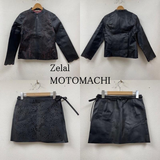 古着 USED セットアップ セットアップ Zelal MOTOMACHI 豚皮 リアルレザー ノーカラー ジャケット 巻き ラップスカート セットアップ 9号 レース柄 黒 / ブラック / black X 桃 / ピンク / pink レディース USED 古着 中古 50128925