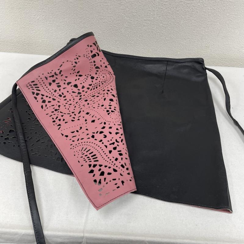 古着 USED セットアップ セットアップ Zelal MOTOMACHI 豚皮 リアルレザー ノーカラー ジャケット 巻き ラップスカート セットアップ 9号 レース柄 黒 / ブラック / black X 桃 / ピンク / pink レディース USED 古着 中古 50128925