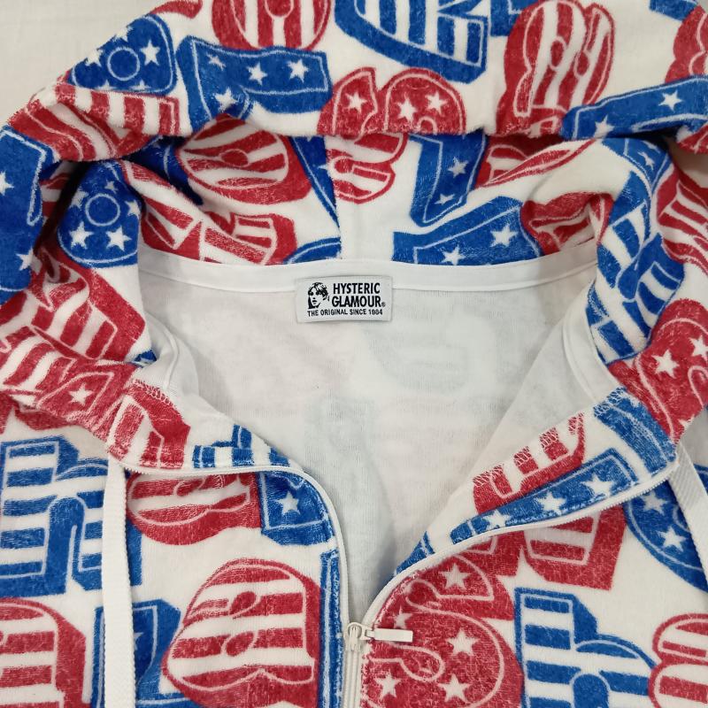 ヒステリックグラマー HYSTERIC GLAMOUR パーカー 長袖 HYSTERIC GLAMOUR ヒステリックグラマー 総柄 SHA-LA-LA柄 パイル地 ハーフZIP プルオーバー 01193CF07 FREE 総柄 白 / ホワイト / white X 青 / ブルー / blue X 赤 / レッド / red レディース USED 古着 中古 50129359