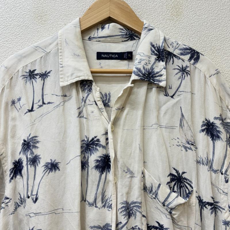 ノーティカ NAUTICA シャツ、ブラウス 半袖 パームツリー ヤシの木柄 リネン レーヨン 半袖 オープンカラー アロハシャツ ビッグサイズ XL メンズ USED 古着 中古 50129671