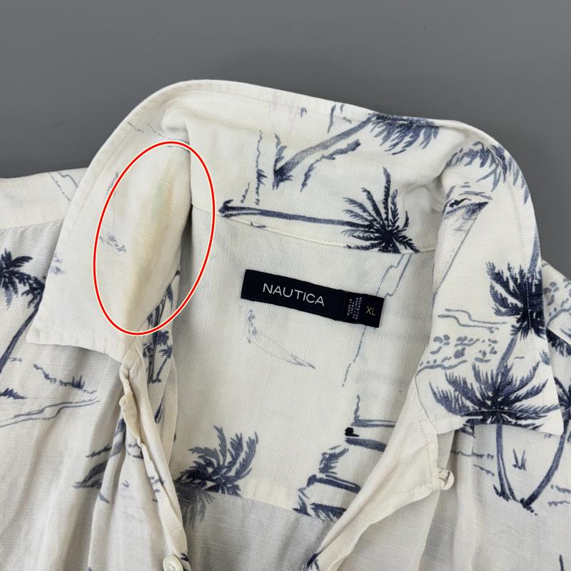 ノーティカ NAUTICA シャツ、ブラウス 半袖 パームツリー ヤシの木柄 リネン レーヨン 半袖 オープンカラー アロハシャツ ビッグサイズ XL メンズ USED 古着 中古 50129671