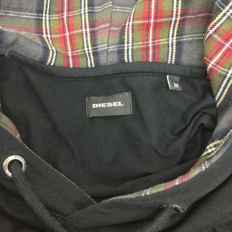 ディーゼル DIESEL パーカー 長袖 diesel パーカー プルオーバー　レイヤード風　袖チェック　切替 M チェック 黒 / ブラック / black X 灰 / グレー / gray メンズ USED 古着 中古 50129681