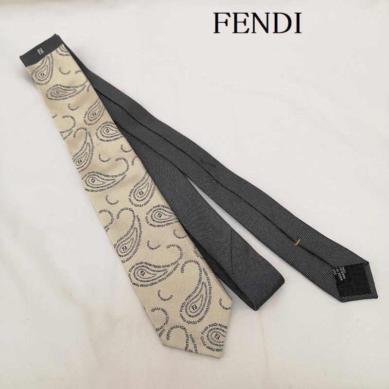 フェンディ FENDI ネクタイ ネクタイ ペイズリー FF ロゴ シルク ネクタイ - 灰 / グレー / gray X アイボリー / アイボリー / メンズ USED 古着 中古 50132124