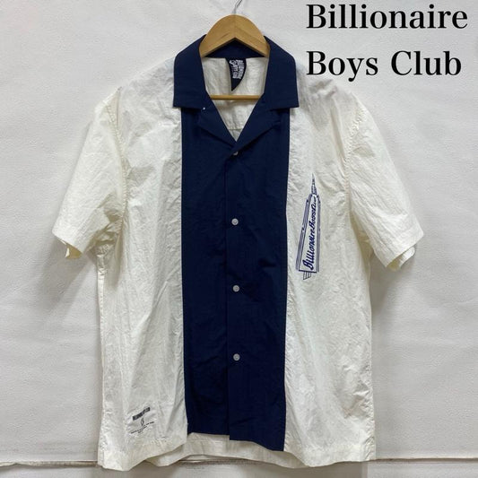 ビリオネア・ボーイズ・クラブ BILLIONAIRE BOYS CLUB シャツ、ブラウス 半袖 オープンカラー 開襟 ナイロン 半袖 シャツ L プリント X ロゴ、文字 白 / ホワイト / white X 紺 / ネイビー / navy メンズ USED 古着 中古 50132474