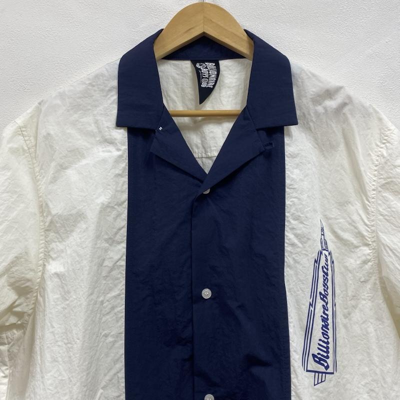 ビリオネア・ボーイズ・クラブ BILLIONAIRE BOYS CLUB シャツ、ブラウス 半袖 オープンカラー 開襟 ナイロン 半袖 シャツ L プリント X ロゴ、文字 白 / ホワイト / white X 紺 / ネイビー / navy メンズ USED 古着 中古 50132474