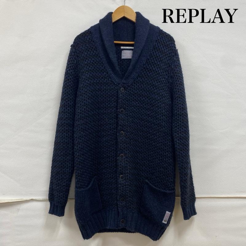 リプレイ REPLAY ニット、セーター 長袖 ショールカラー アルパカ ウール アクリル ニット カーディガン S ボーダー柄 黒 / ブラック / black X 紺 / ネイビー / navy メンズ USED 古着 中古 50132479