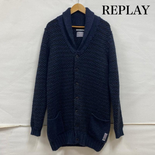 リプレイ REPLAY ニット、セーター 長袖 ショールカラー アルパカ ウール アクリル ニット カーディガン S ボーダー柄 黒 / ブラック / black X 紺 / ネイビー / navy メンズ USED 古着 中古 50132479