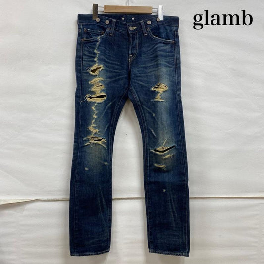 グラム glamb パンツ デニム、ジーンズ ダメージ クラッシュ 5ポケット デニム ヒゲ ハチノス グランジ GB10SP/P13 2 ダメージ加工 インディゴ / インディゴ / Indigo メンズ USED 古着 中古 50132833