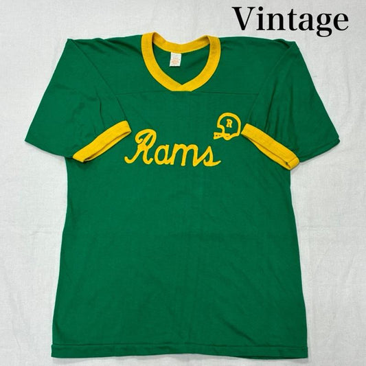 ヴィンテージ VINTAGE Tシャツ 半袖 Eagle Athletics アメリカン フットボール USA製 裾シングルステッチ リンガー Tシャツ L ロゴ、文字 X プリント 緑 / グリーン / green X 黄 / イエロー / yellow メンズ USED 古着 中古 50134221