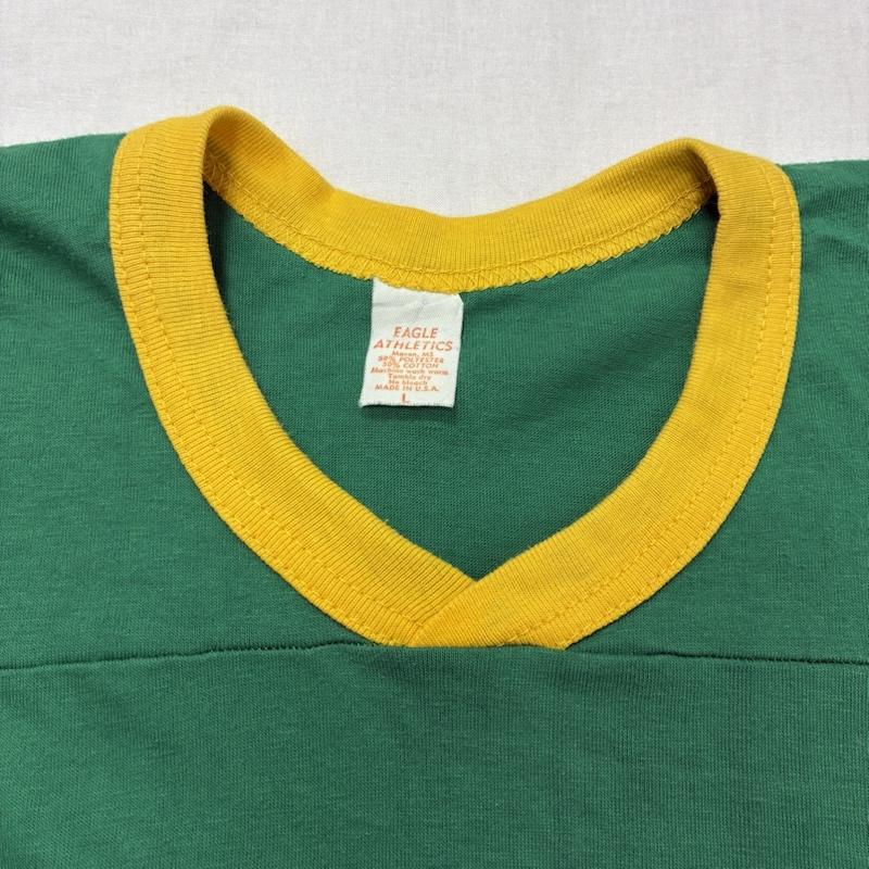 ヴィンテージ VINTAGE Tシャツ 半袖 Eagle Athletics アメリカン フットボール USA製 裾シングルステッチ リンガー Tシャツ L ロゴ、文字 X プリント 緑 / グリーン / green X 黄 / イエロー / yellow メンズ USED 古着 中古 50134221