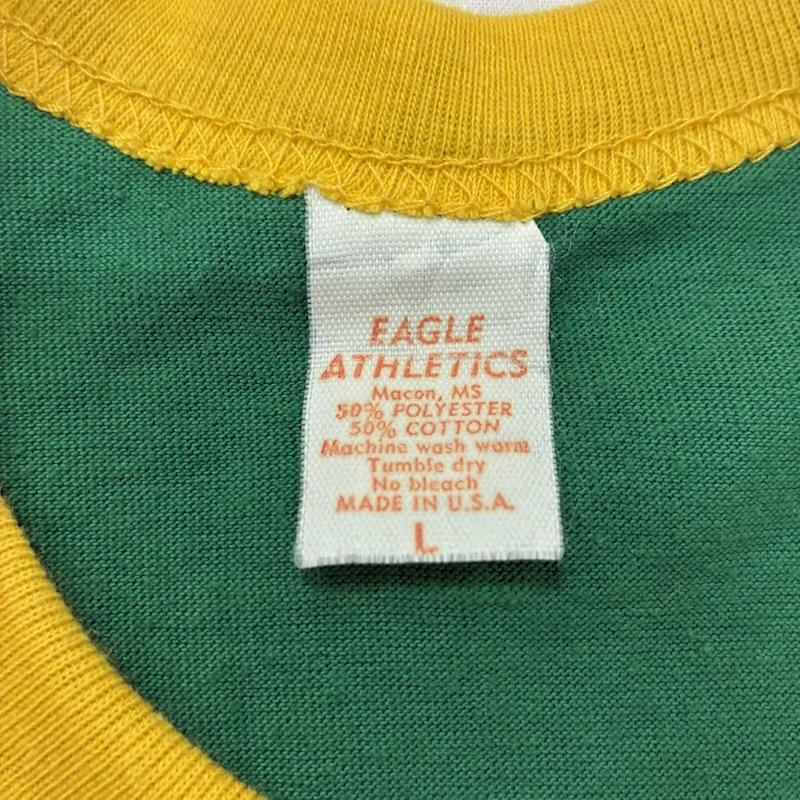 ヴィンテージ VINTAGE Tシャツ 半袖 Eagle Athletics アメリカン フットボール USA製 裾シングルステッチ リンガー Tシャツ L ロゴ、文字 X プリント 緑 / グリーン / green X 黄 / イエロー / yellow メンズ USED 古着 中古 50134221