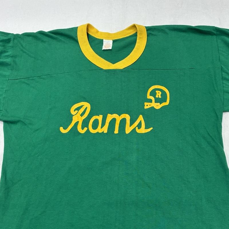 ヴィンテージ VINTAGE Tシャツ 半袖 Eagle Athletics アメリカン フットボール USA製 裾シングルステッチ リンガー Tシャツ L ロゴ、文字 X プリント 緑 / グリーン / green X 黄 / イエロー / yellow メンズ USED 古着 中古 50134221
