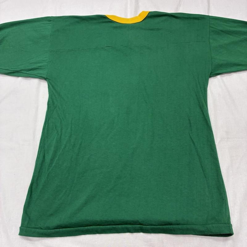 ヴィンテージ VINTAGE Tシャツ 半袖 Eagle Athletics アメリカン フットボール USA製 裾シングルステッチ リンガー Tシャツ L ロゴ、文字 X プリント 緑 / グリーン / green X 黄 / イエロー / yellow メンズ USED 古着 中古 50134221