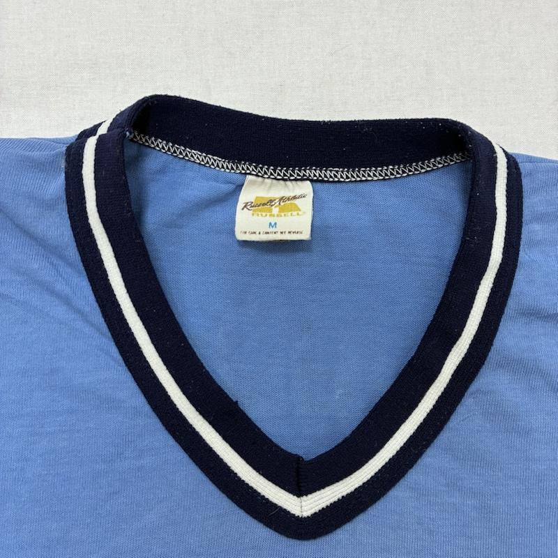 ヴィンテージ VINTAGE Tシャツ 半袖 RUSSELL Athletics アメリカン フットボール USA製 シングルステッチ リンガー Tシャツ M ロゴ、文字 X プリント 水色 / ライトブルー / X 白 / ホワイト / white X 紺 / ネイビー / navy メンズ USED 古着 中古 50134222
