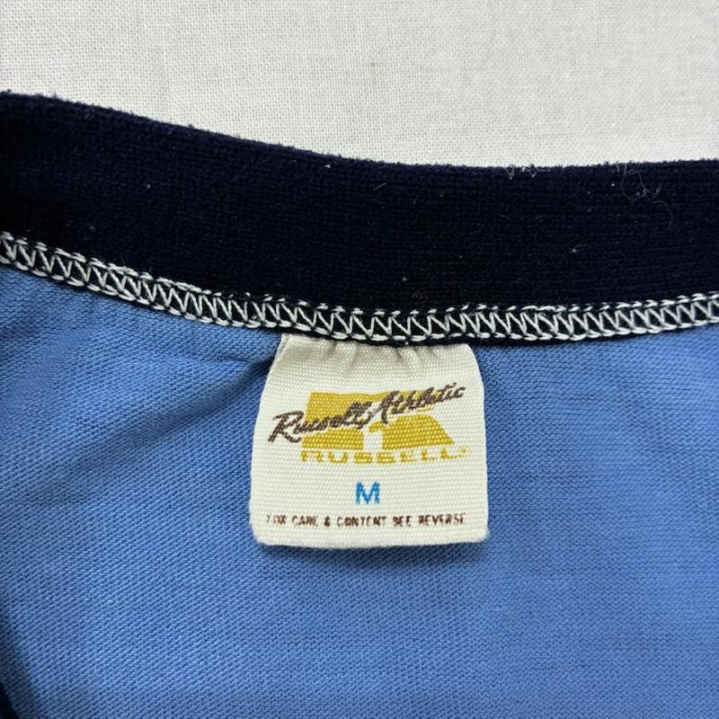 ヴィンテージ VINTAGE Tシャツ 半袖 RUSSELL Athletics アメリカン フットボール USA製 シングルステッチ リンガー Tシャツ M ロゴ、文字 X プリント 水色 / ライトブルー / X 白 / ホワイト / white X 紺 / ネイビー / navy メンズ USED 古着 中古 50134222