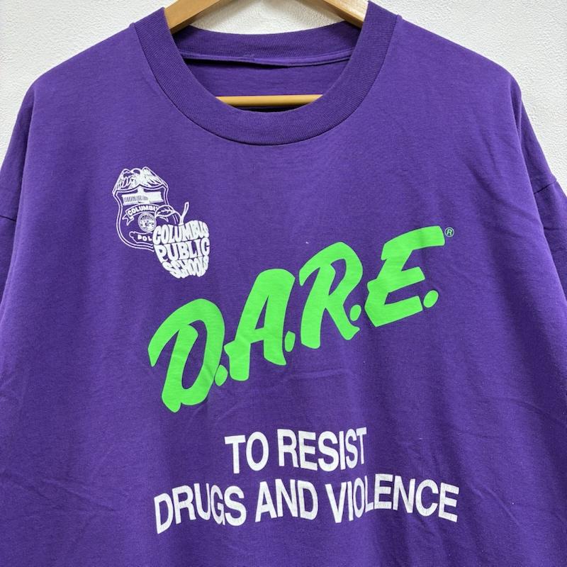ヴィンテージ VINTAGE Tシャツ 半袖 D.A.R.E. 薬物乱用防止 DRUG ABUSE RESISTANCE EDUCATION シングルステッチ メッセージ Tシャツ - ロゴ、文字 X プリント 紫 / パープル / purple X 黄緑 / イエローグリーン / X 白 / ホワイト / white メンズ USED 古着 中古 50134232