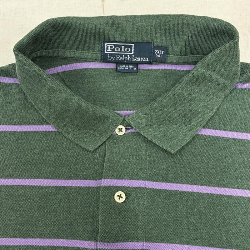 ポロバイラルフローレン Polo by RALPH LAUREN ポロシャツ 半袖 90 s ペルー製 ボーダー 半袖 ポロシャツ ポニー 刺繍 ビッグサイズ 2XLT TALL XXL ワンポイント X ロゴ、文字 X 刺繍 緑 / グリーン / green X 紺 / ネイビー / navy メンズ USED 古着 中古 50134234