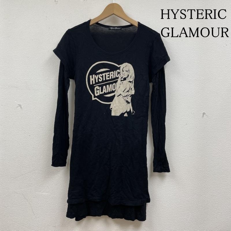 ヒステリックグラマー HYSTERIC GLAMOUR ワンピース ひざ丈スカート ワンピース カットソー 長袖 レイヤード リネン混 ヒスガール ロゴ FREE ロゴ、文字 X キャラクター X プリント 黒 / ブラック / black レディース USED 古着 中古 50134841