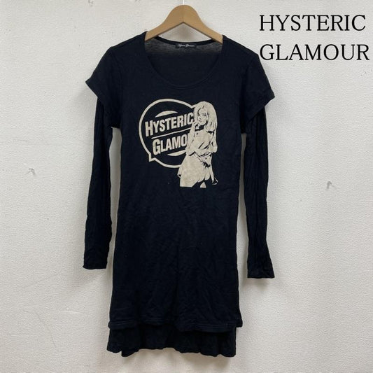 ヒステリックグラマー HYSTERIC GLAMOUR ワンピース ひざ丈スカート ワンピース カットソー 長袖 レイヤード リネン混 ヒスガール ロゴ FREE ロゴ、文字 X キャラクター X プリント 黒 / ブラック / black レディース USED 古着 中古 50134841