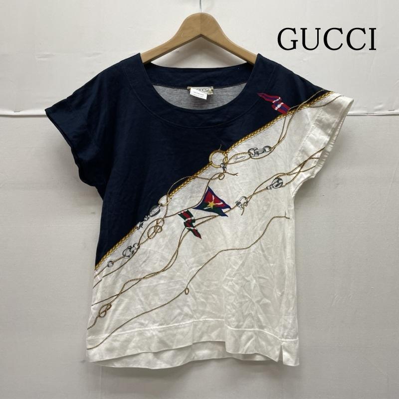 グッチ GUCCI カットソー 半袖 OLD マリン カットソー スカーフ バンダナ イタリア製 ヴィンテージ Ｔシャツ M  X プリント 白 / ホワイト / white X 紺 / ネイビー / navy レディース USED 古着 中古 50135701