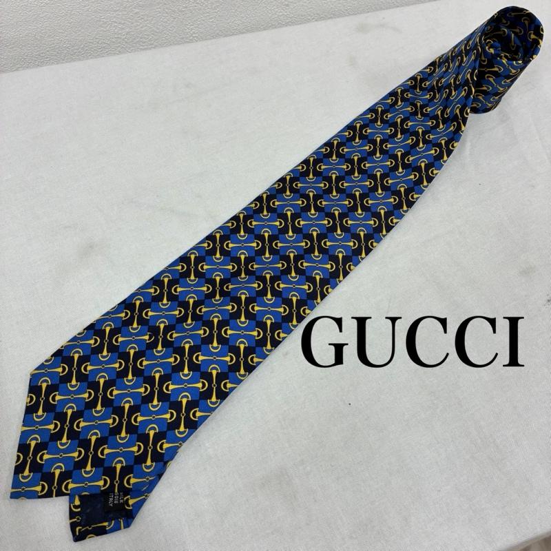 グッチ GUCCI ネクタイ ネクタイ イタリア製 シルク ネクタイ 総柄 ブロックチェック ホースビット - 総柄 X チェック 青 / ブルー / blue X 紺 / ネイビー / navy X 黄 / イエロー / yellow メンズ USED 古着 中古 50135810