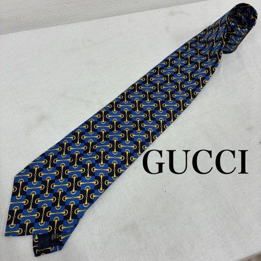 グッチ GUCCI ネクタイ ネクタイ イタリア製 シルク ネクタイ 総柄 ブロックチェック ホースビット - 総柄 X チェック 青 / ブルー / blue X 紺 / ネイビー / navy X 黄 / イエロー / yellow メンズ USED 古着 中古 50135810