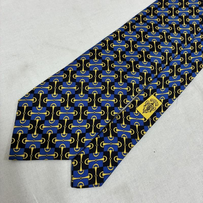 グッチ GUCCI ネクタイ ネクタイ イタリア製 シルク ネクタイ 総柄 ブロックチェック ホースビット - 総柄 X チェック 青 / ブルー / blue X 紺 / ネイビー / navy X 黄 / イエロー / yellow メンズ USED 古着 中古 50135810