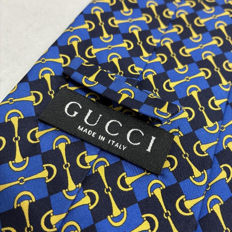 グッチ GUCCI ネクタイ ネクタイ イタリア製 シルク ネクタイ 総柄 ブロックチェック ホースビット - 総柄 X チェック 青 / ブルー / blue X 紺 / ネイビー / navy X 黄 / イエロー / yellow メンズ USED 古着 中古 50135810