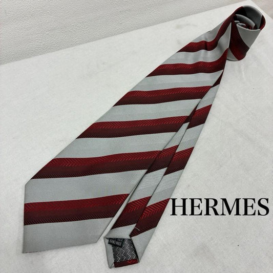 エルメス HERMES ネクタイ ネクタイ ハンドメイド シルク ネクタイ ストライプ ボーダー - ストライプ X ボーダー柄 灰 / グレー / gray X 赤 / レッド / red X えんじ / ワインレッド / dark red メンズ USED 古着 中古 50135818