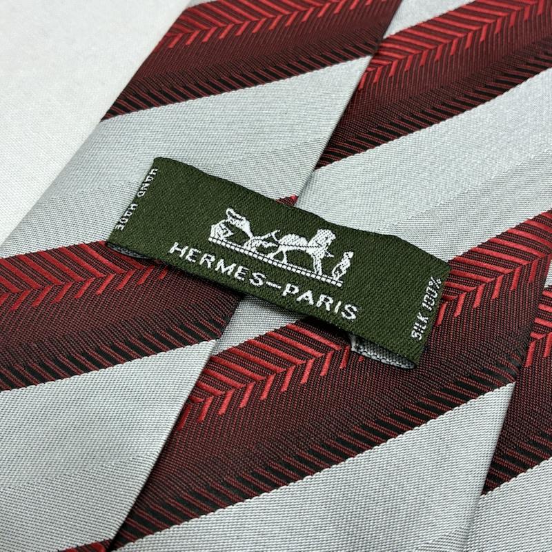 エルメス HERMES ネクタイ ネクタイ ハンドメイド シルク ネクタイ ストライプ ボーダー - ストライプ X ボーダー柄 灰 / グレー / gray X 赤 / レッド / red X えんじ / ワインレッド / dark red メンズ USED 古着 中古 50135818