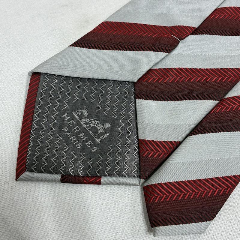 エルメス HERMES ネクタイ ネクタイ ハンドメイド シルク ネクタイ ストライプ ボーダー - ストライプ X ボーダー柄 灰 / グレー / gray X 赤 / レッド / red X えんじ / ワインレッド / dark red メンズ USED 古着 中古 50135818