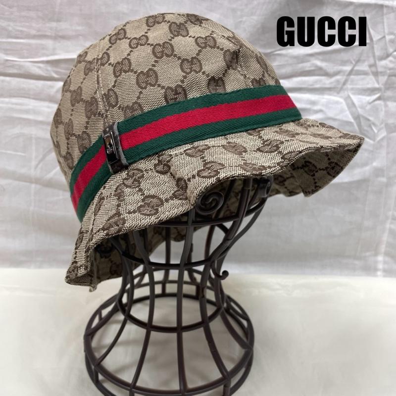 グッチ GUCCI 帽子 ハット GG キャンバス シェリーライン バケット ハット ロゴ金具 男女兼用 Lサイズ 総柄 - 茶 / ブラウン / brown レディース USED 古着 中古 50136764