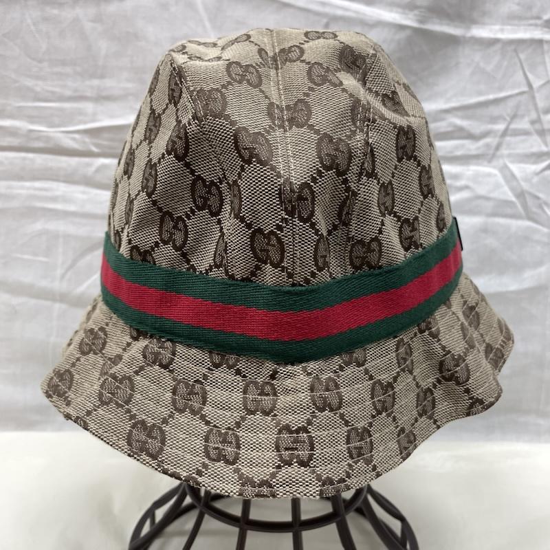 グッチ GUCCI 帽子 ハット GG キャンバス シェリーライン バケット ハット ロゴ金具 男女兼用 Lサイズ 総柄 - 茶 / ブラウン / brown レディース USED 古着 中古 50136764