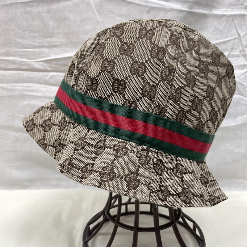 グッチ GUCCI 帽子 ハット GG キャンバス シェリーライン バケット ハット ロゴ金具 男女兼用 Lサイズ 総柄 - 茶 / ブラウン / brown レディース USED 古着 中古 50136764