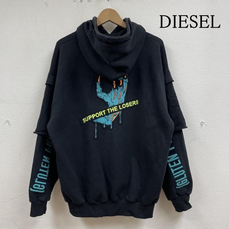 ディーゼル DIESEL パーカー 長袖 S-UBBER 長袖 パーカー プルオーバー ロゴ 刺繍 パッチ エンブロイダリー ダブルレイヤー A01804-0KAZW S ロゴ、文字 X  X 刺繍 黒 / ブラック / black メンズ USED 古着 中古 50136929