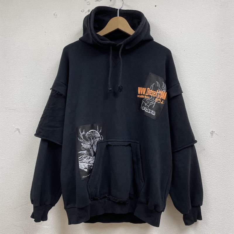 ディーゼル DIESEL パーカー 長袖 S-UBBER 長袖 パーカー プルオーバー ロゴ 刺繍 パッチ エンブロイダリー ダブルレイヤー A01804-0KAZW S ロゴ、文字 X  X 刺繍 黒 / ブラック / black メンズ USED 古着 中古 50136929
