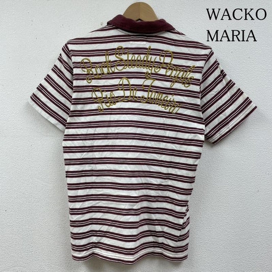 ワコマリア WACKO MARIA ポロシャツ 半袖 ロゴ 刺繍 ボーダー 半袖 ポロシャツ バーガンディー ハーフボタン カットソー 初期タグ S ボーダー柄 X ロゴ、文字 X 刺繍 白 / ホワイト / white X えんじ / ワインレッド / dark red メンズ USED 古着 中古 50137270