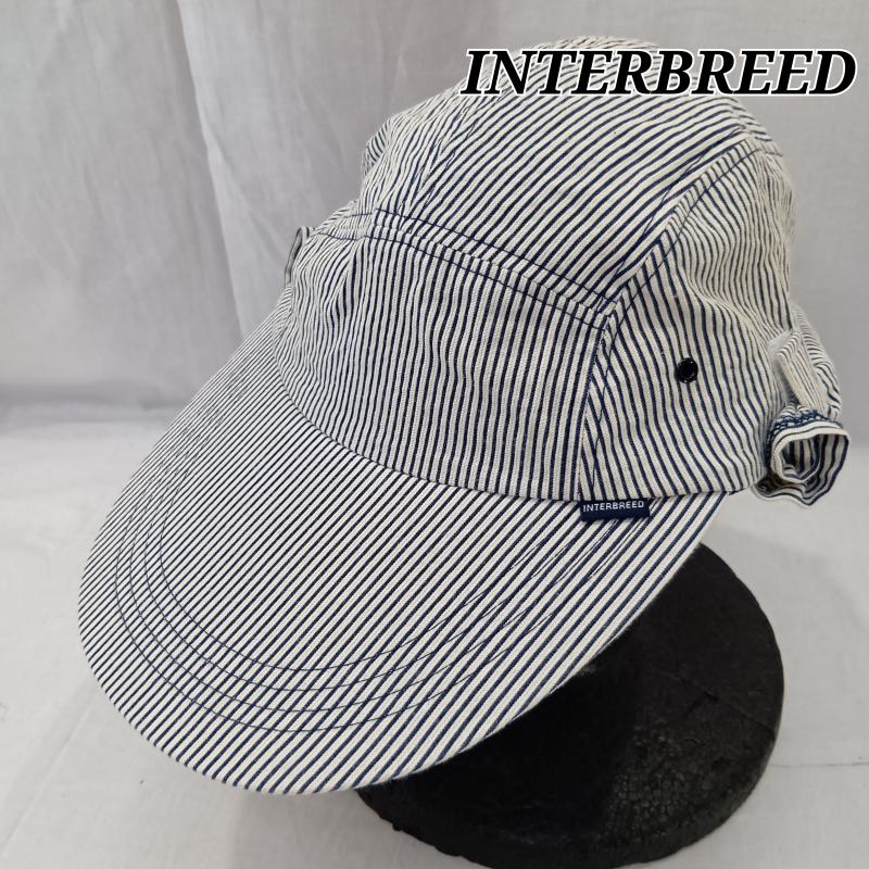 インターブリード INTERBREED 帽子 キャップ INTERBREED インターブリード Phat Bite サンシェード付き ジェットキャップ ロングビルキャップ ヒッコリー - ストライプ X ロゴ、文字 白 / ホワイト / white X 紺 / ネイビー / navy メンズ USED 古着 中古 50137300