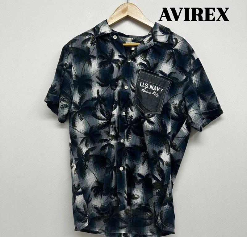 アヴィレックス AVIREX シャツ、ブラウス 半袖 半袖シャツ TYPE BLUE チェック アロハシャツ パームツリー柄 L 総柄 青 / ブルー / blue メンズ USED 古着 中古 50137412