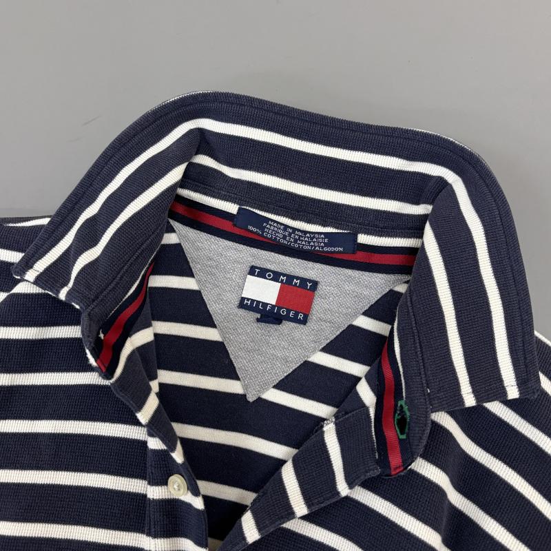 トミーヒルフィガー TOMMY HILFIGER ポロシャツ 半袖 90年代 ビンテージ マレーシア製 フラッグタグ ロゴ 刺繍 ボーダー柄 鹿の子 半袖 ポロシャツ 白 紺 ホワイト ネイビー L 白 / ホワイト / white X 紺 / ネイビー / navy メンズ USED 古着 中古 50137430